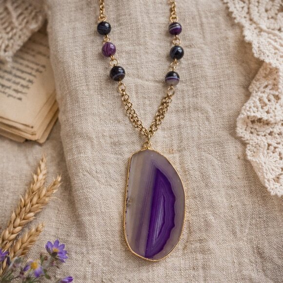 Jewelry - Purple Agate Pendant Necklace Gold Tone Chain Statement Stone Boho Jewelry